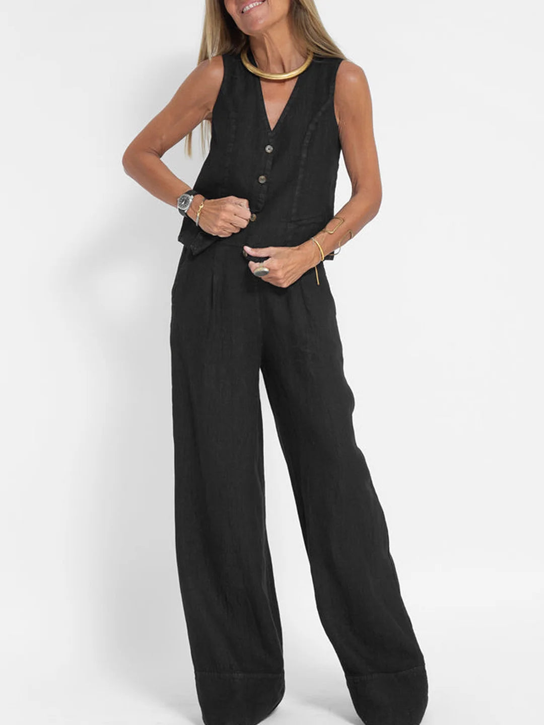 AIRA | Buttoned Vest & Wide-Leg Set