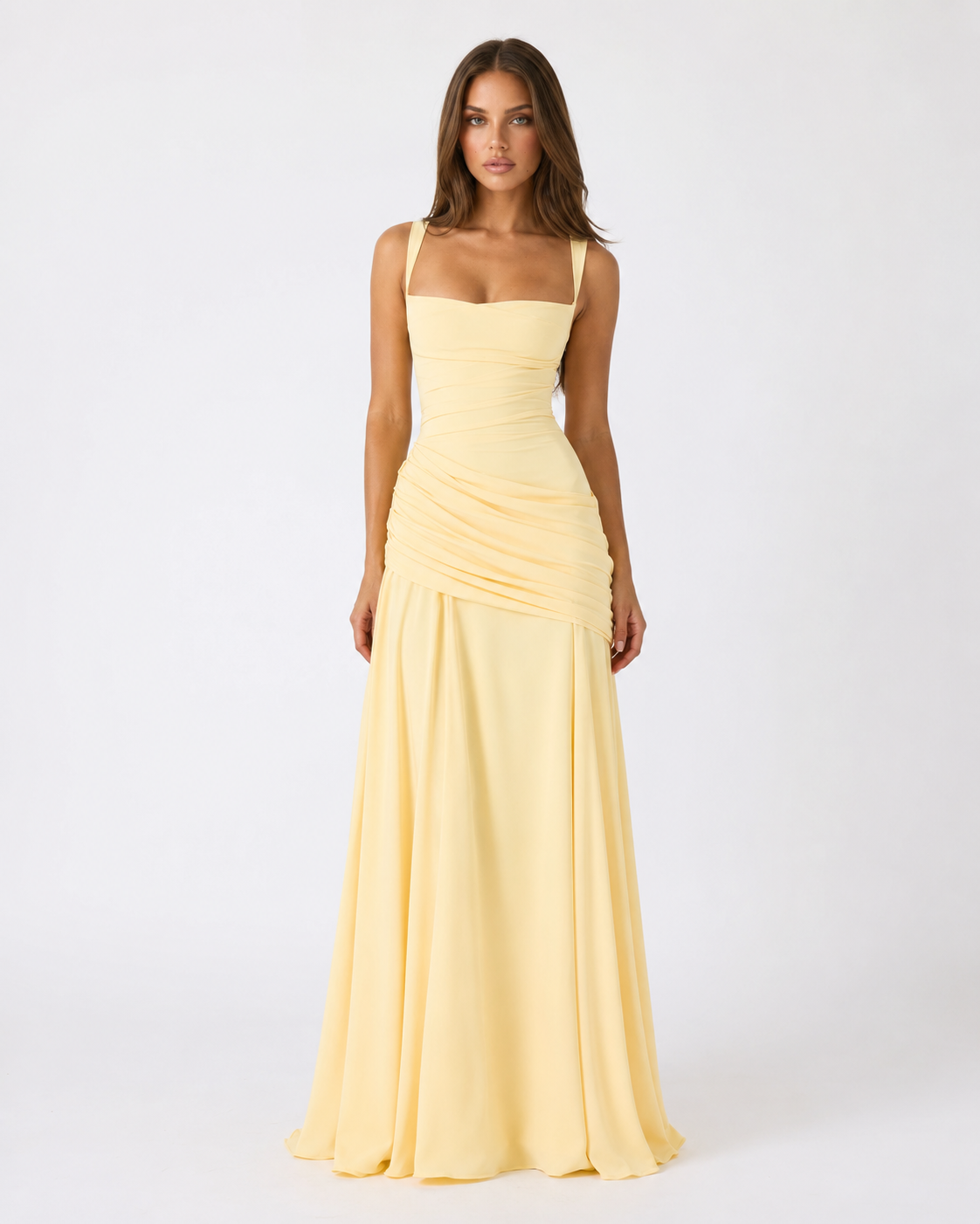 Enie | Ruched Square Neck Maxi Dress