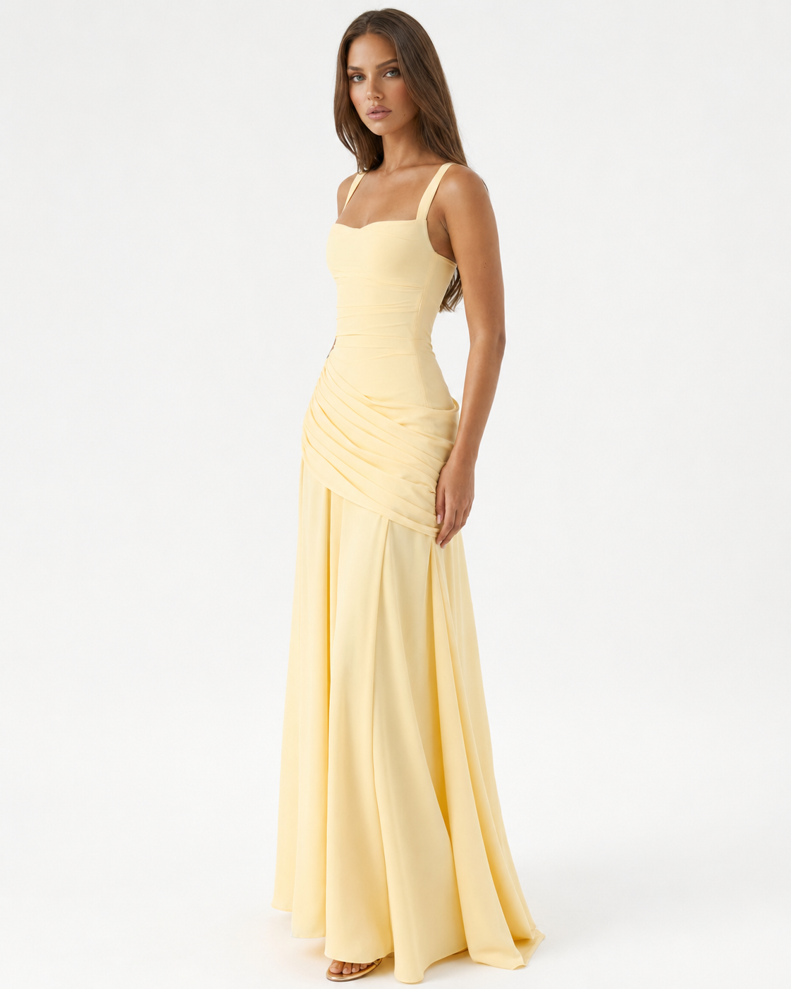 Enie | Ruched Square Neck Maxi Dress