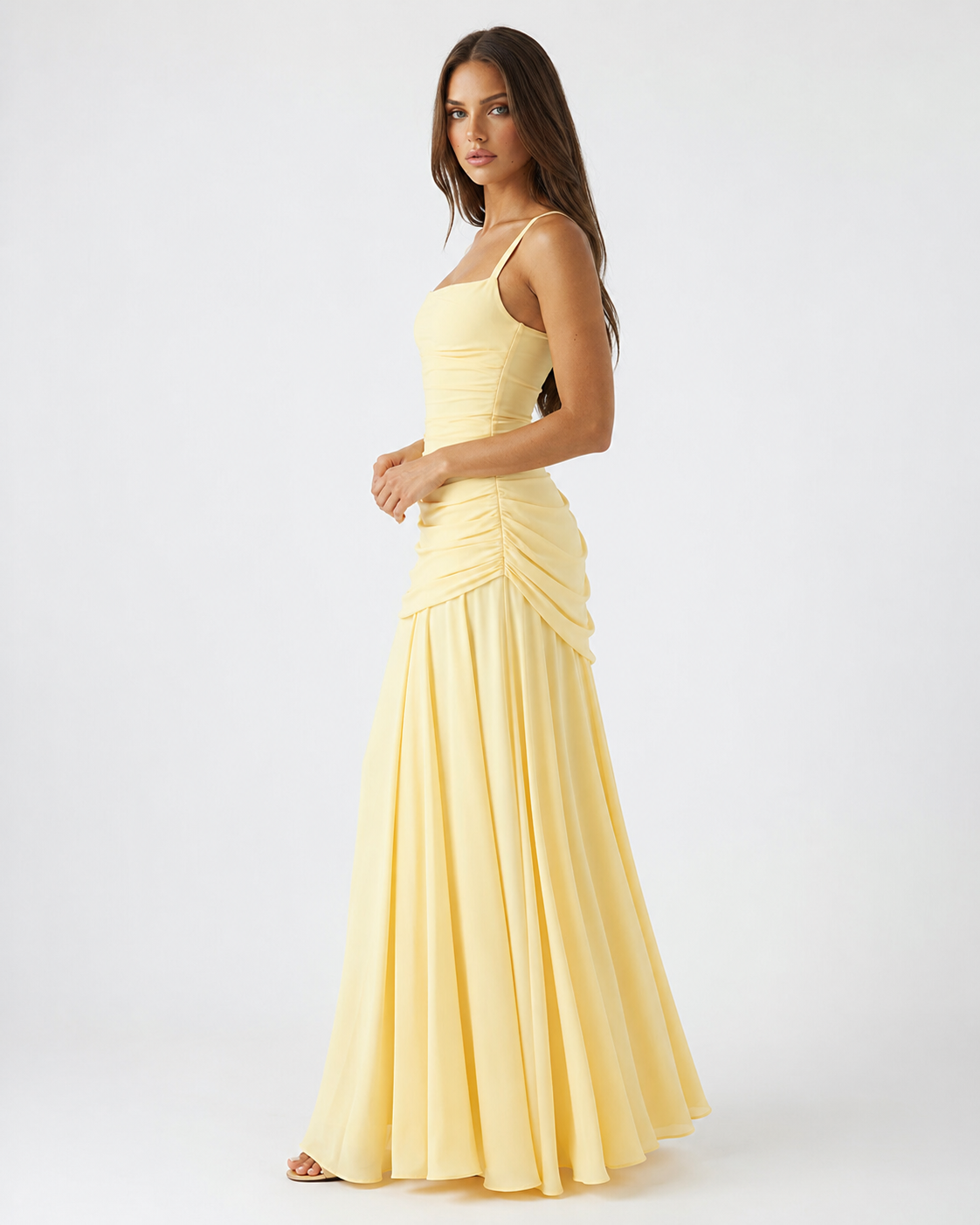 Enie | Ruched Square Neck Maxi Dress