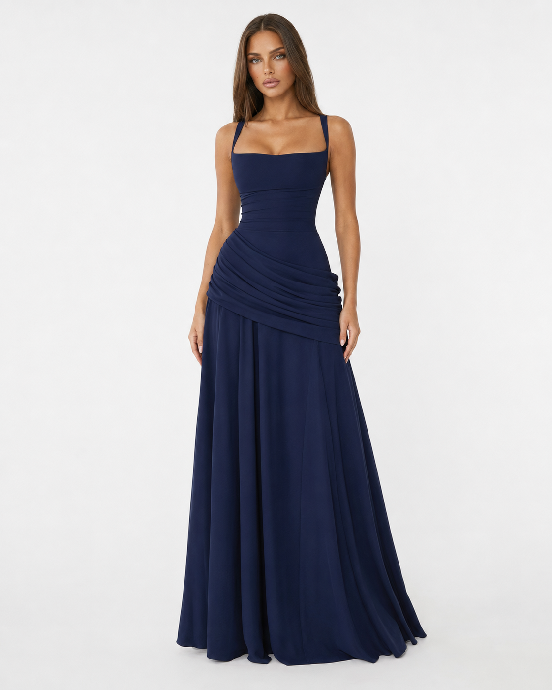 Enie | Ruched Square Neck Maxi Dress