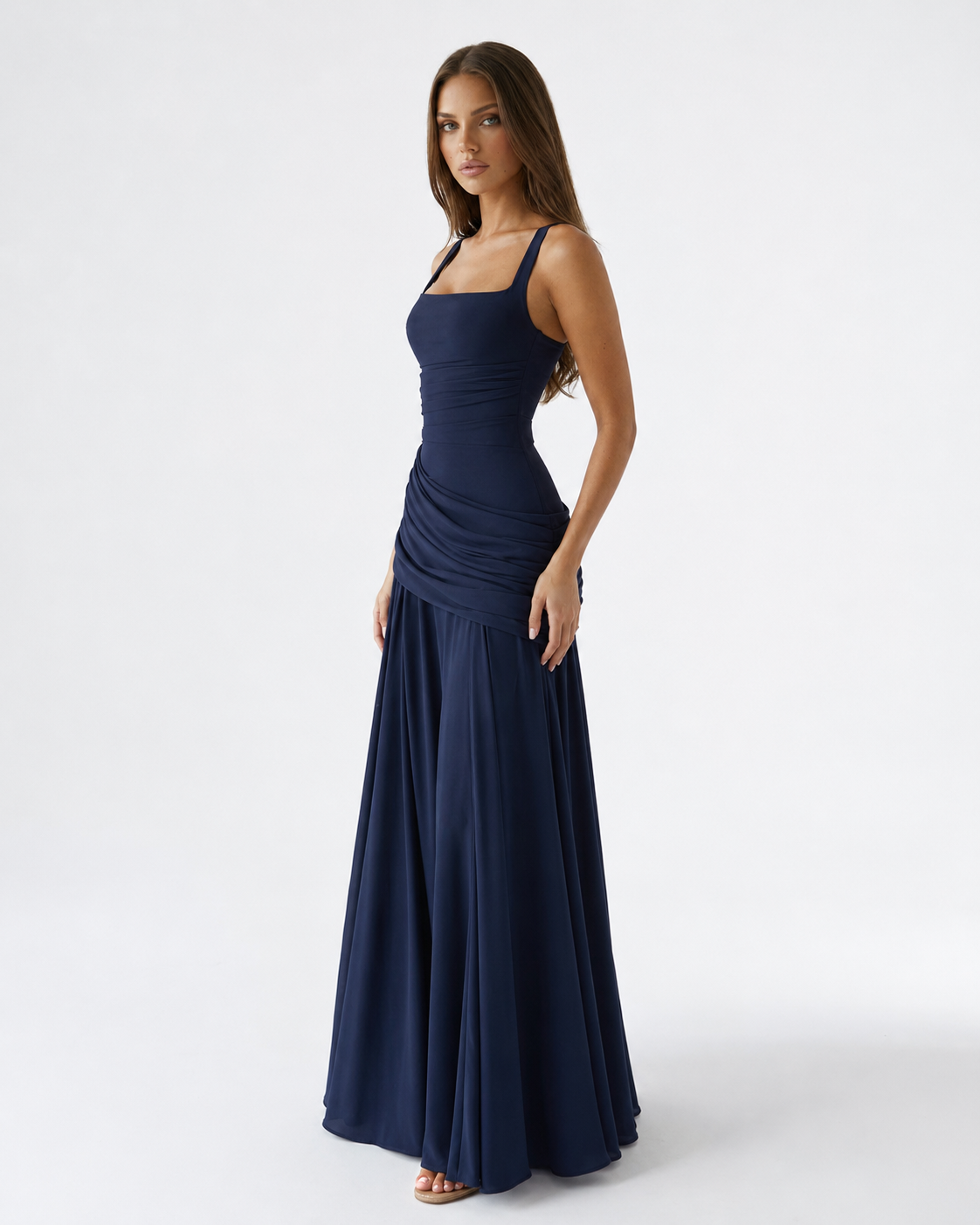 Enie | Ruched Square Neck Maxi Dress
