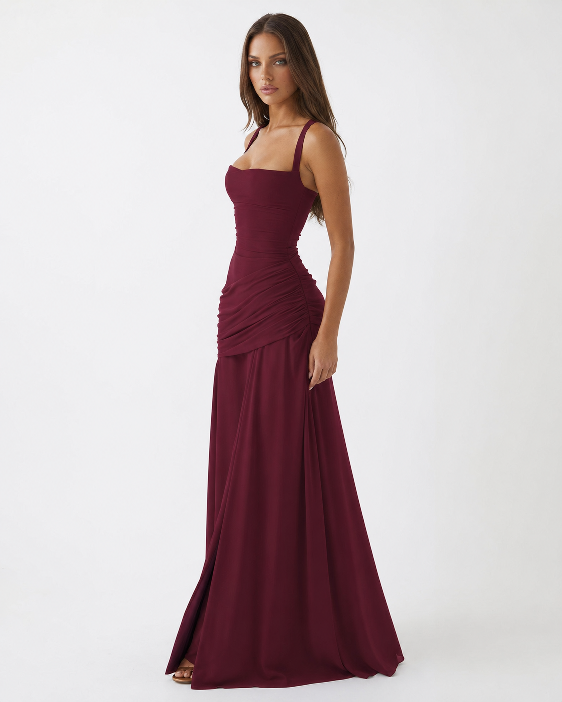 Enie | Ruched Square Neck Maxi Dress