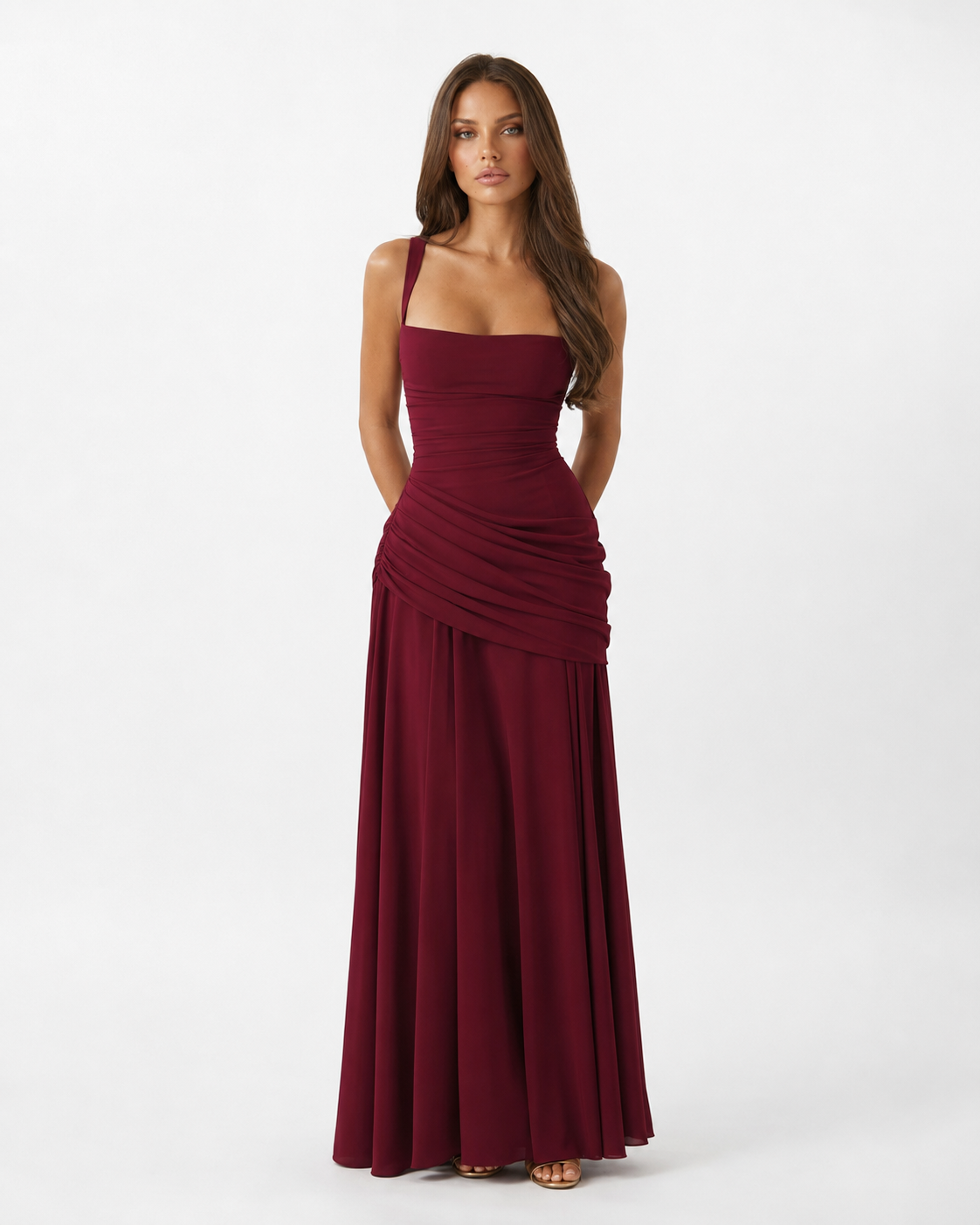 Enie | Ruched Square Neck Maxi Dress
