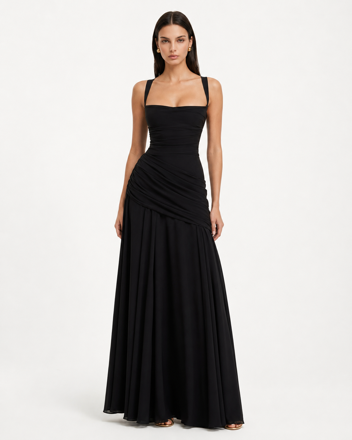 Enie | Ruched Square Neck Maxi Dress