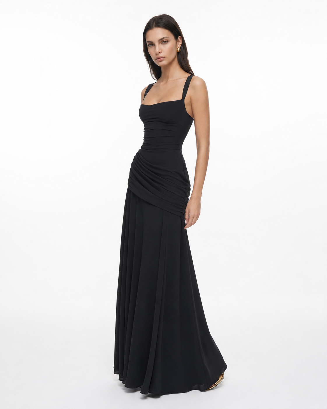 Enie | Ruched Square Neck Maxi Dress