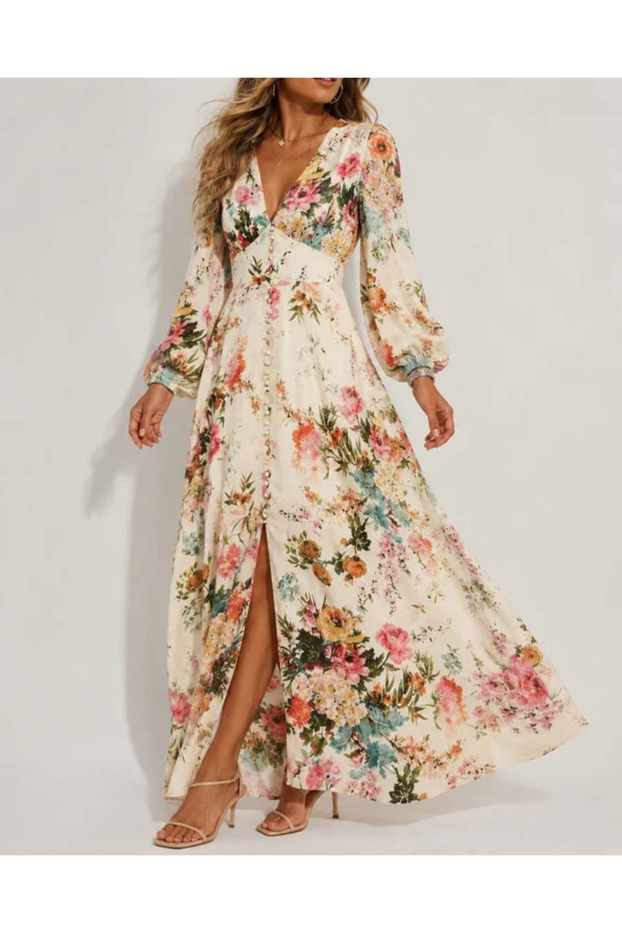 Calla | Women's Floral Print V-Neck Long Sleeve Maxi Dress