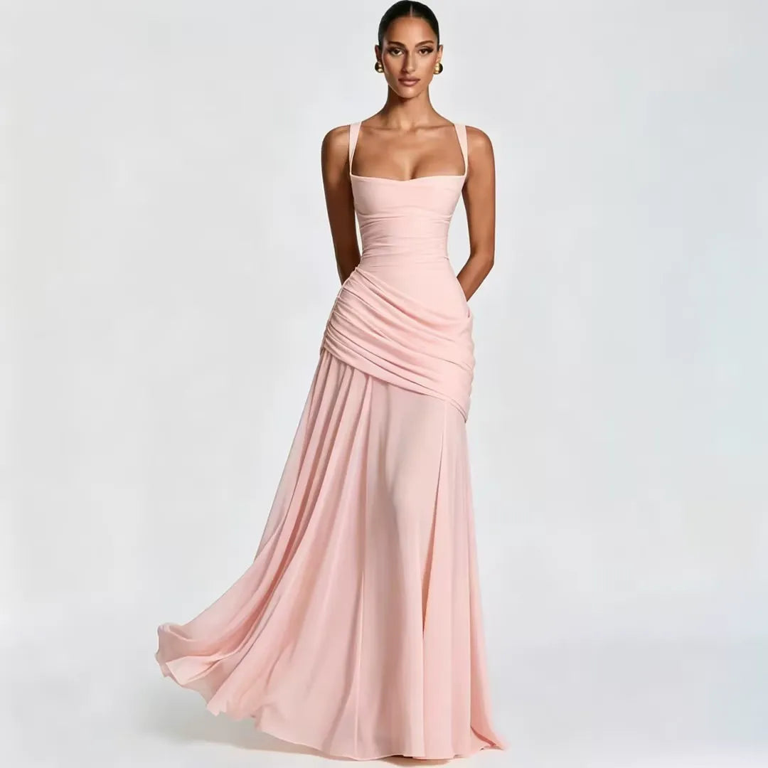 Enie | Ruched Square Neck Maxi Dress
