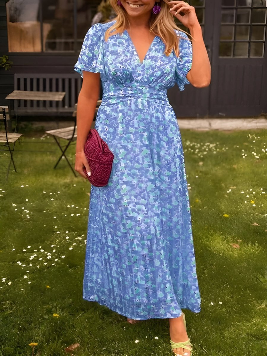 Tova | Women's V-Neck Floral Short Sleeve Maxi Dress