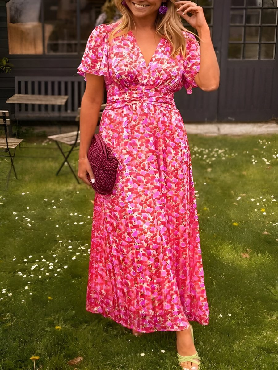 Tova | Women's V-Neck Floral Short Sleeve Maxi Dress